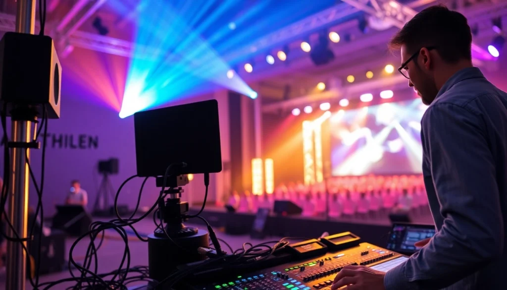 Eventtechnik Verleih Köln: Modern stage with professional lighting, sound setup, and seamless technical equipment for events in Cologne.