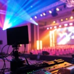 Eventtechnik Verleih Köln: Modern stage with professional lighting, sound setup, and seamless technical equipment for events in Cologne.