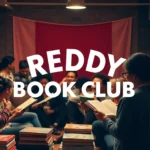 The REDDY BOOK CLUB logo displayed at a lively book community event with readers engaging in discussions.