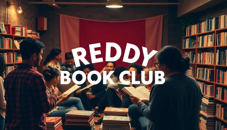 The REDDY BOOK CLUB logo displayed at a lively book community event with readers engaging in discussions.