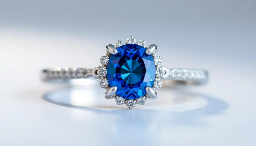 Engagement ring with sapphire showcasing a vibrant blue gemstone in a delicate platinum setting, ideal for symbolizing love and elegance.