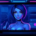 Futuristic AI chatbot interface with a seductive avatar, glowing digital elements, and a dark, high-tech background.