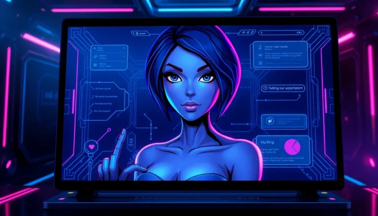Futuristic AI chatbot interface with a seductive avatar, glowing digital elements, and a dark, high-tech background.