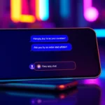 Futuristic smartphone displaying a spicy AI chat interface with neon accents and digital conversation bubbles.