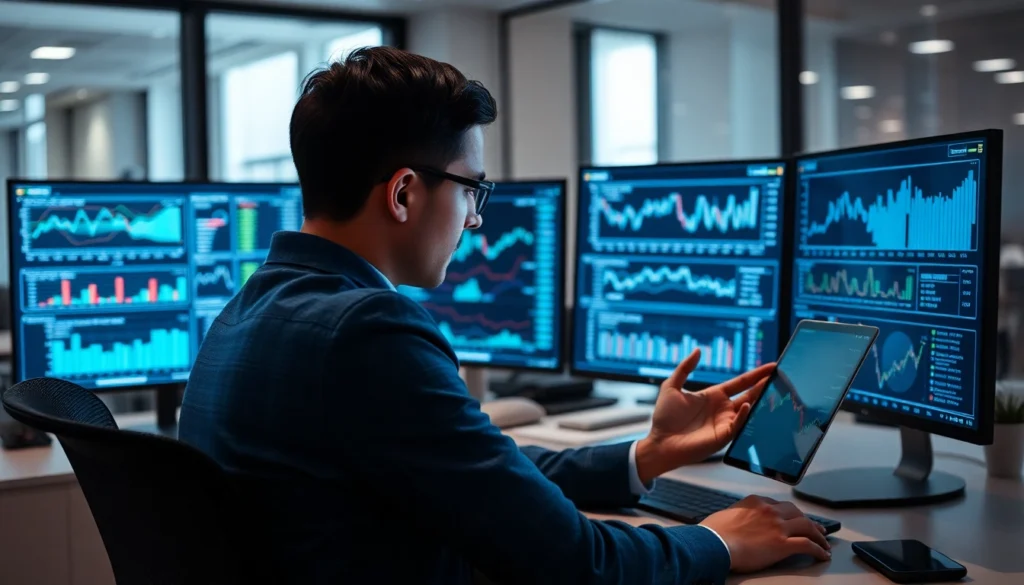 Professional analyst analyzing investment reporting visuals with detailed charts and data for