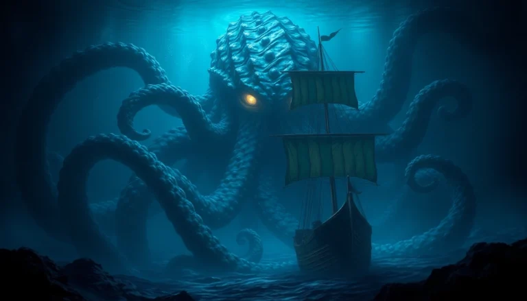 Kraken depicted as giant tentacled creature with glowing eyes attacking a ship in deep ocean