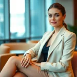 Professional woman sitting confidently in a modern setting, highlighting elegance and