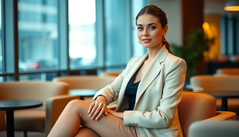 Professional woman sitting confidently in a modern setting, highlighting elegance and