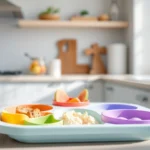Child using a silicone divided plate for self feeding with vibrant food sections, highlighting