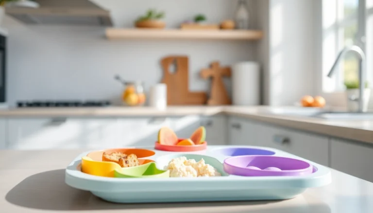 Child using a silicone divided plate for self feeding with vibrant food sections, highlighting