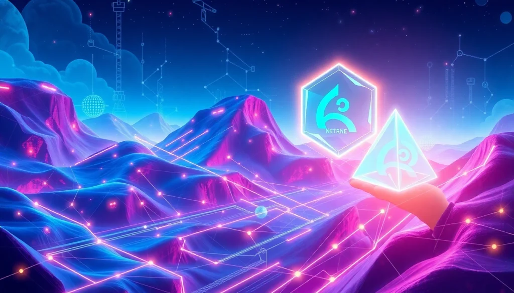 Visual of blockchain and NFT technology news represented by interconnected digital nodes and