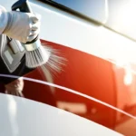Professional technician applying Wohnmobil Politursiegelung to enhance vehicle shine and protection