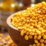 High-quality yellow mustard seeds being poured into a bowl for cooking or packaging