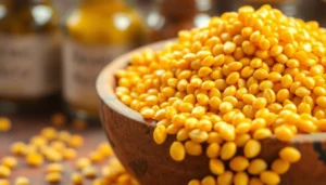 High-quality yellow mustard seeds being poured into a bowl for cooking or packaging