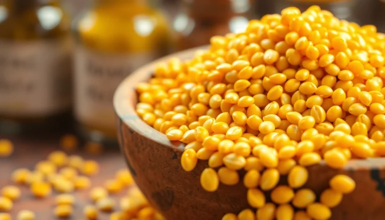 High-quality yellow mustard seeds being poured into a bowl for cooking or packaging