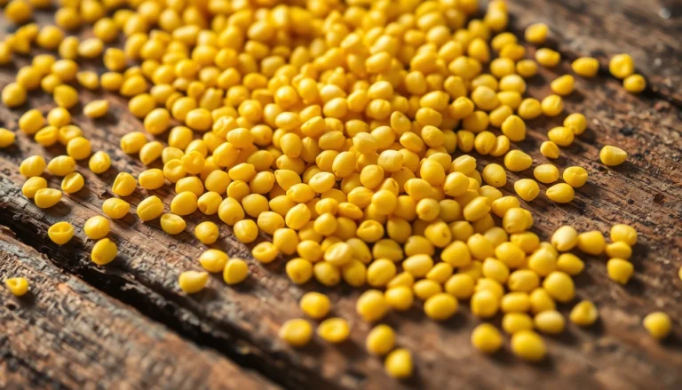 Fresh yellow mustard seeds being poured onto a wooden surface to showcase quality and authenticity